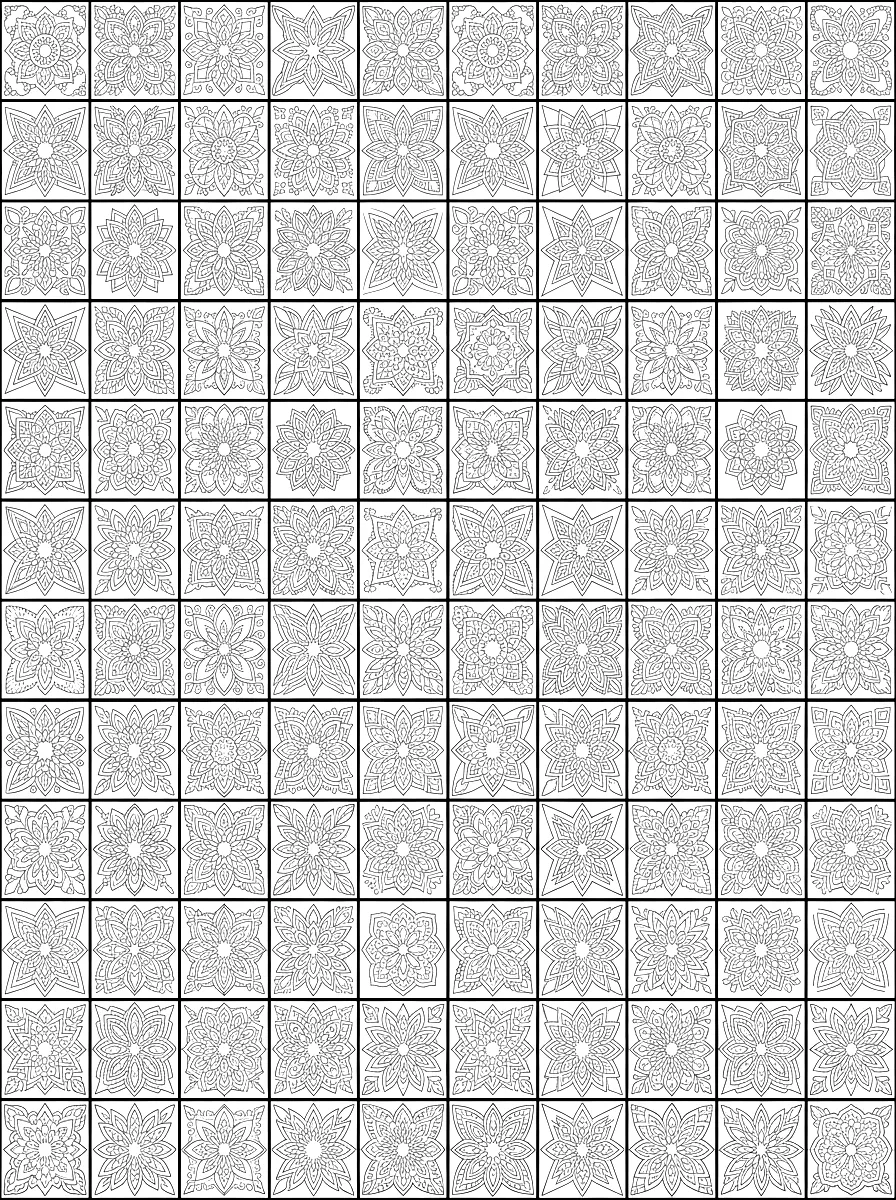 Dibujo para colorear: Mosaico de azulejos con motivos de flores y estrellas