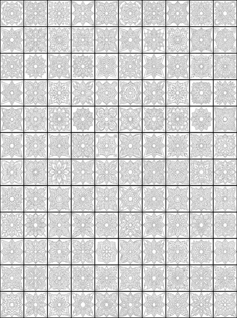 Ausmalbild: Mosaik aus Fliesen mit Blüten- und Sternmotiven