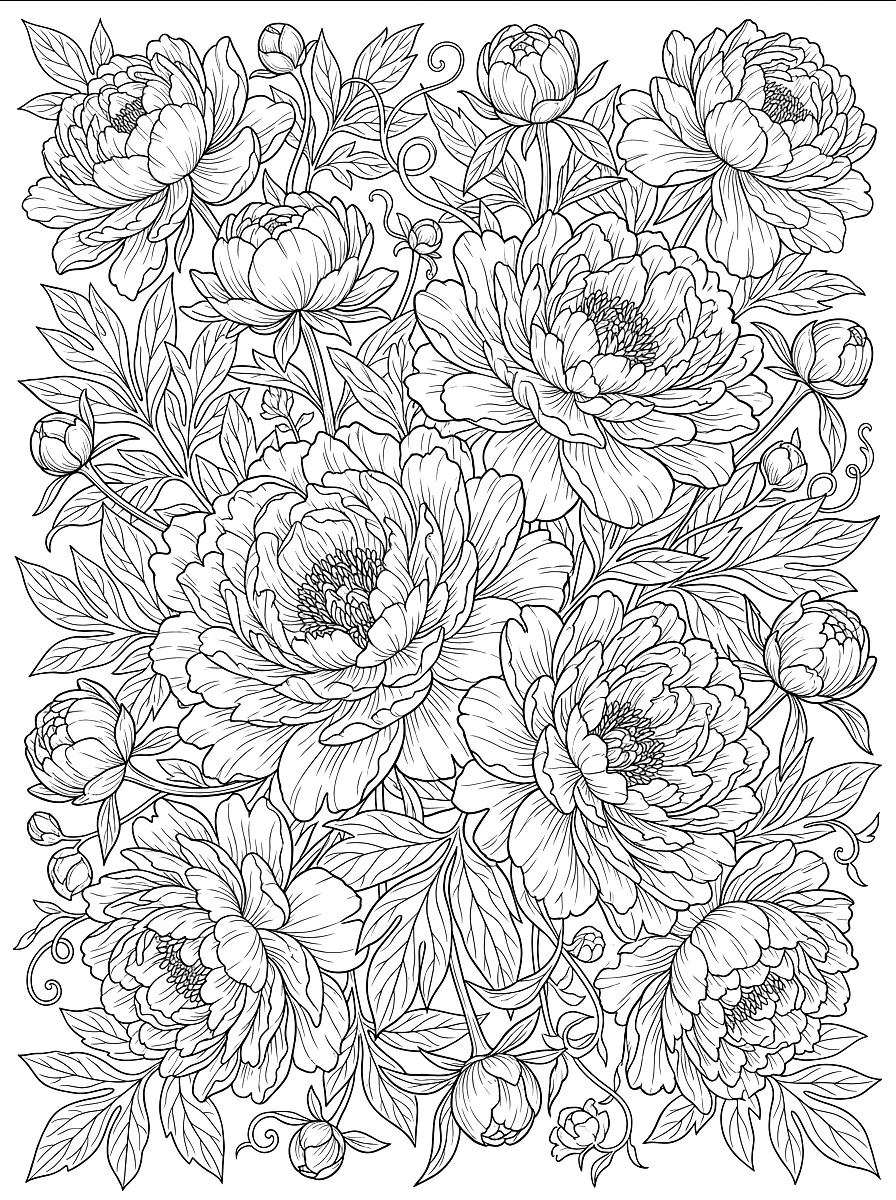 Coloriage : Un bouquet généreux de pivoines et de feuilles