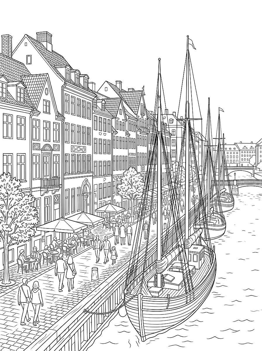 Dibujo para colorear: Casas estrechas de colores junto al canal del puerto con viejos veleros