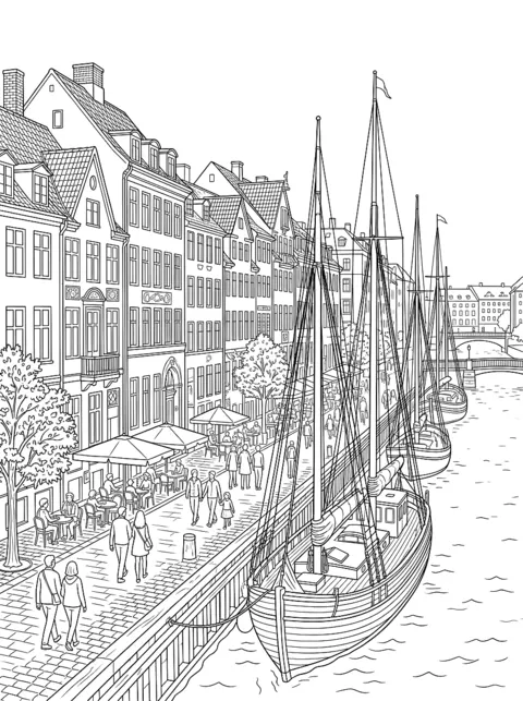 Ausmalbild: Bunte schmale Häuser am Hafenkanal mit alten Segelschiffen
