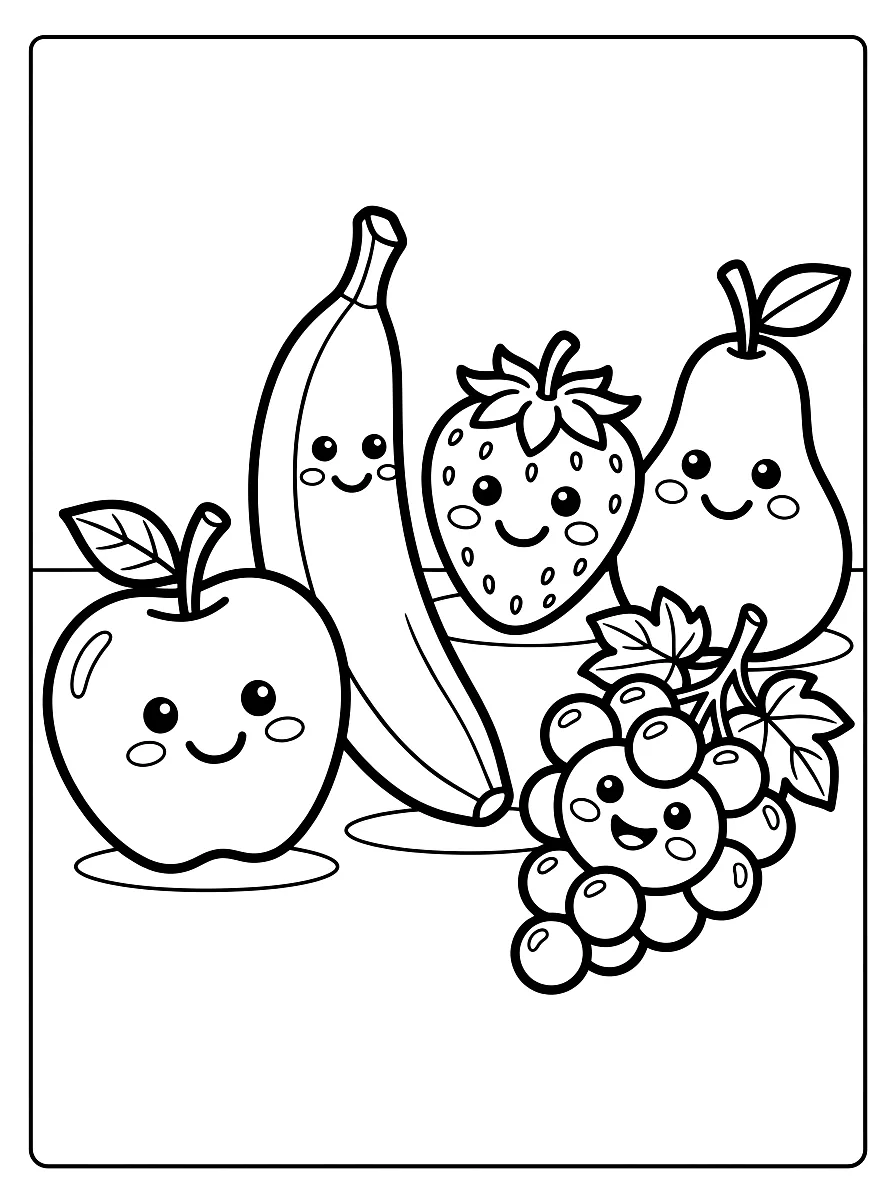 Disegno da colorare: Mela, banana, fragola e pera con facce sorridenti