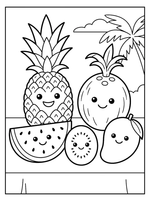Colouring page: Pineapple, watermelon slice, kiwi, mango and coconut with smiling faces on a table, a palm tree behind