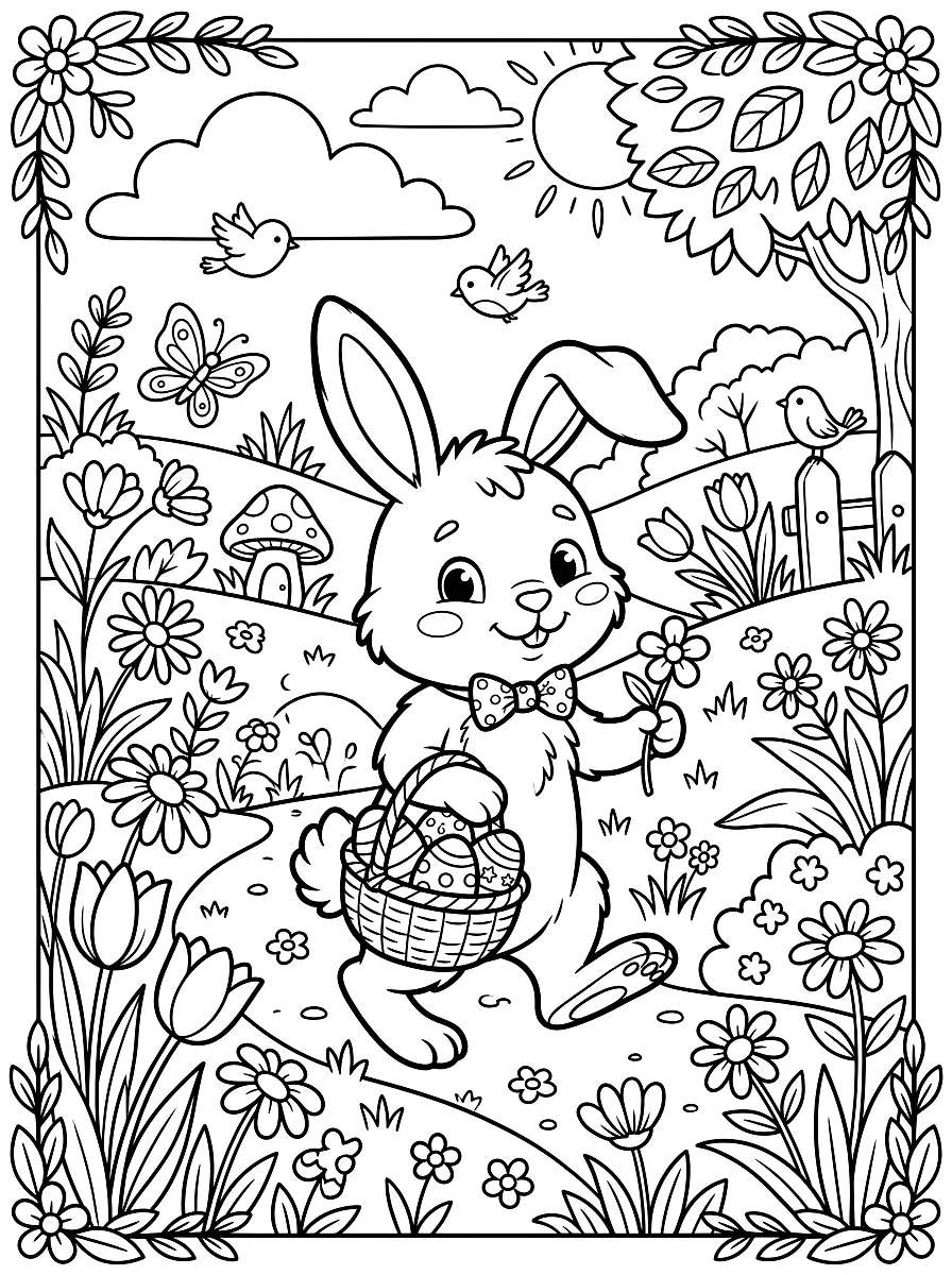 Ausmalbild: Osterhase trägt einen Korb voller Ostereier