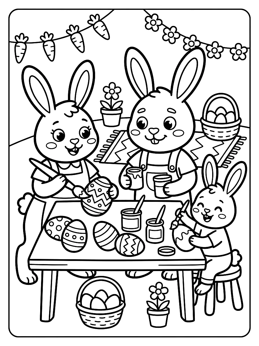 Colouring page: Bunny family painting Easter eggs with brushes