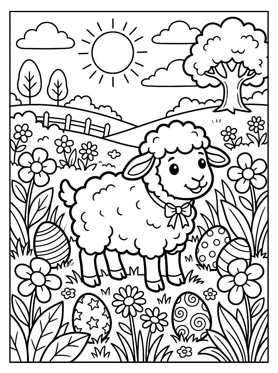 Desenho para colorir: Cordeirinho entre flores e ovos de Páscoa