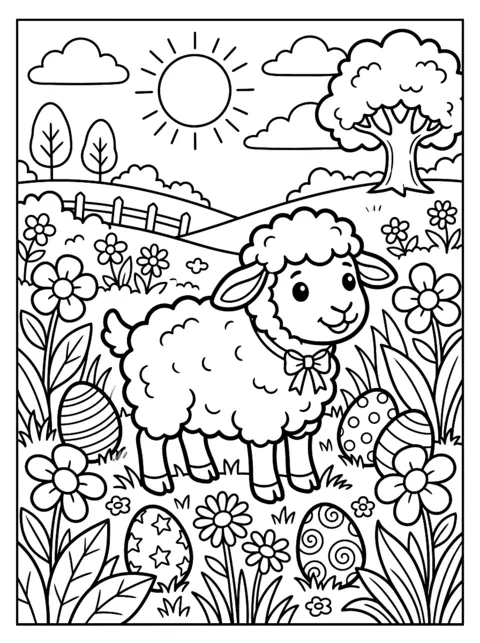 Ausmalbild: Kleines Lamm zwischen Blumen und Ostereiern