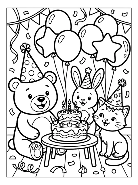 Ausmalbild: Bär, Hase und Katze feiern mit Partyhüten