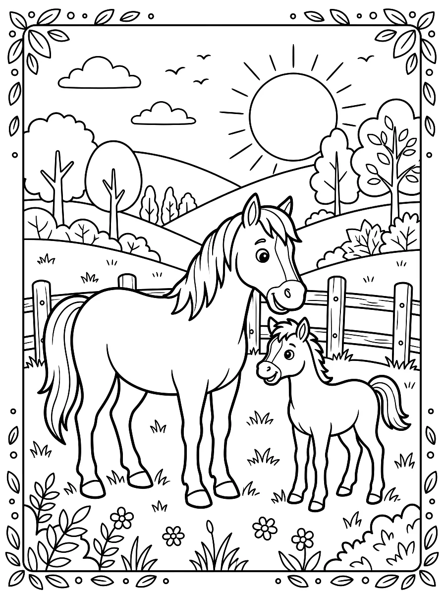 Colouring page: Mare and foal in a field by the fence