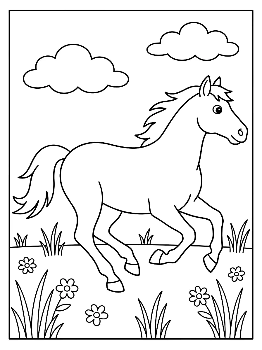 Colouring page: A horse with a flowing mane gallops across a meadow full of flowers