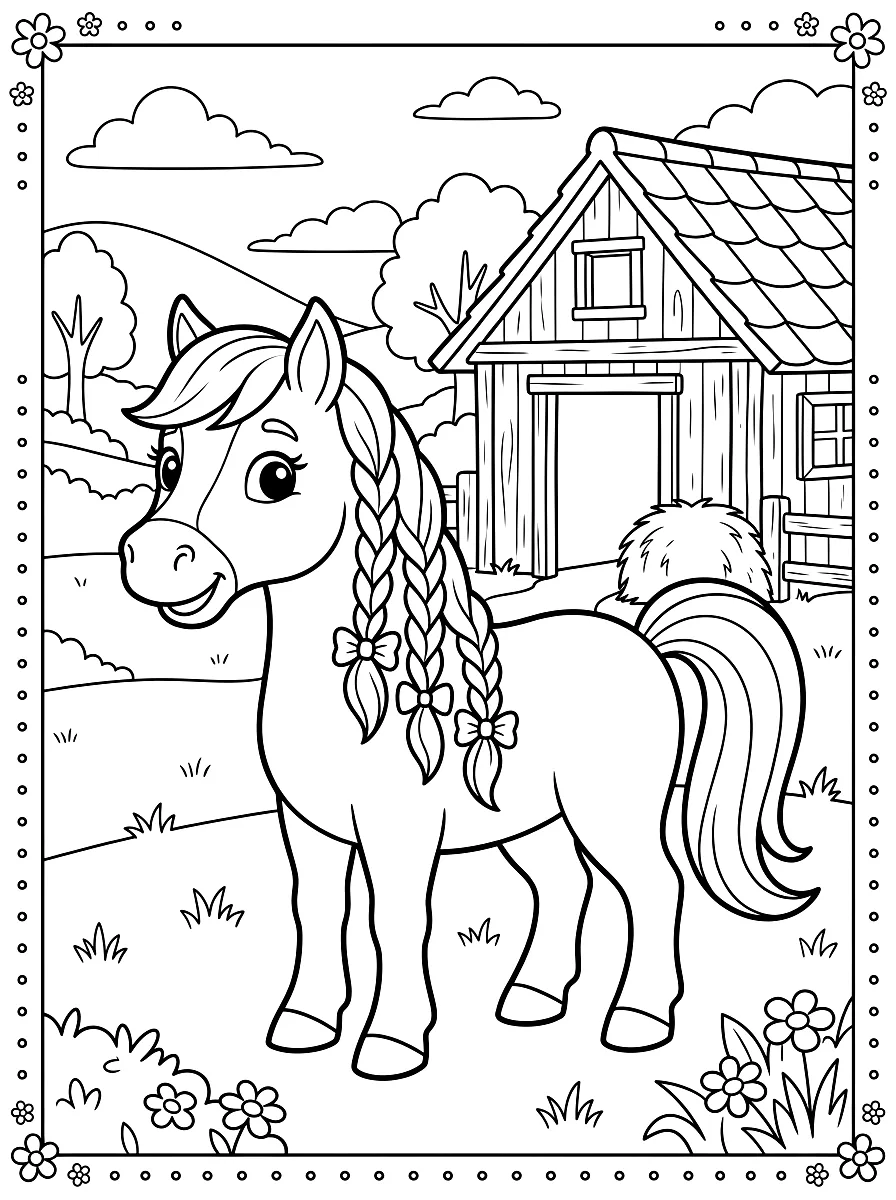 Dibujo para colorear: Poni con la crin trenzada y lazos