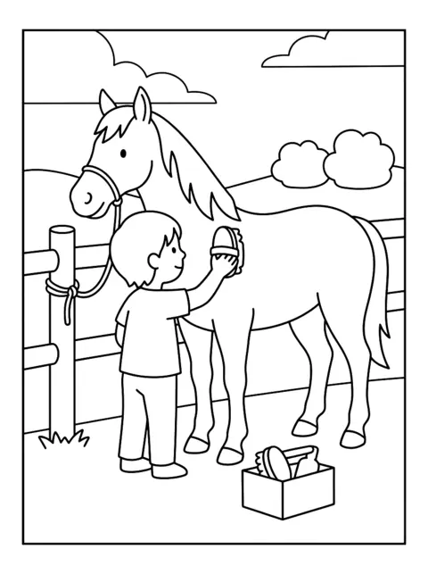 Colouring page: A child brushes a horse tied to a fence, with a grooming box nearby