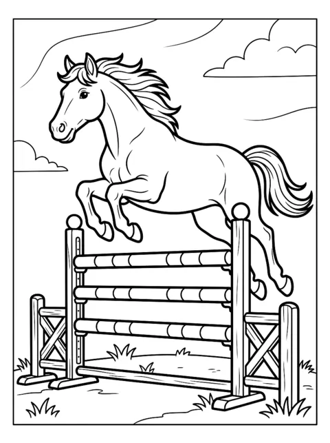 Ausmalbild: Pferd springt über ein Hindernis