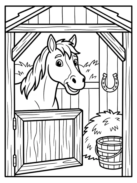 Ausmalbild: Pferd schaut aus der Stalltür, daneben Heu und Eimer