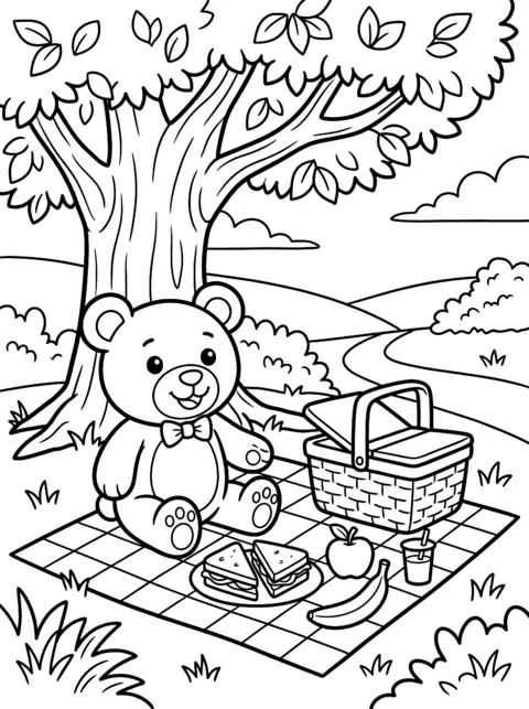 Ausmalbild: Picknickdecke mit Korb unter einem Baum