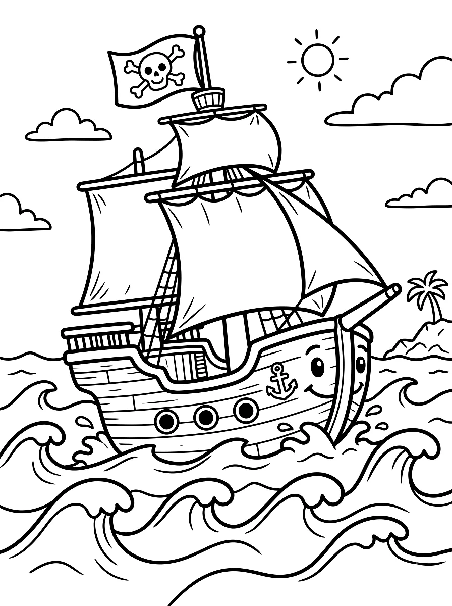 Ausmalbild: Piratenschiff mit Segeln auf hoher See
