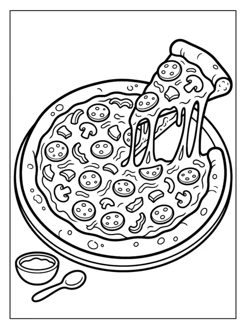 Ausmalbild: Pizza mit Belag und einem Stück, das herausgezogen wird