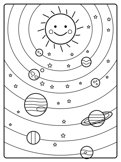 Ausmalbild: Sonne und Planeten auf ihren Bahnen
