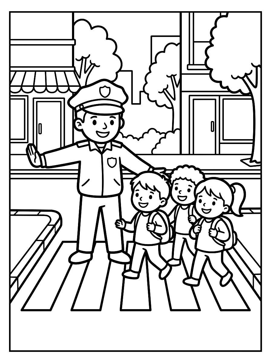 Colouring page: Police officer helping children across the road