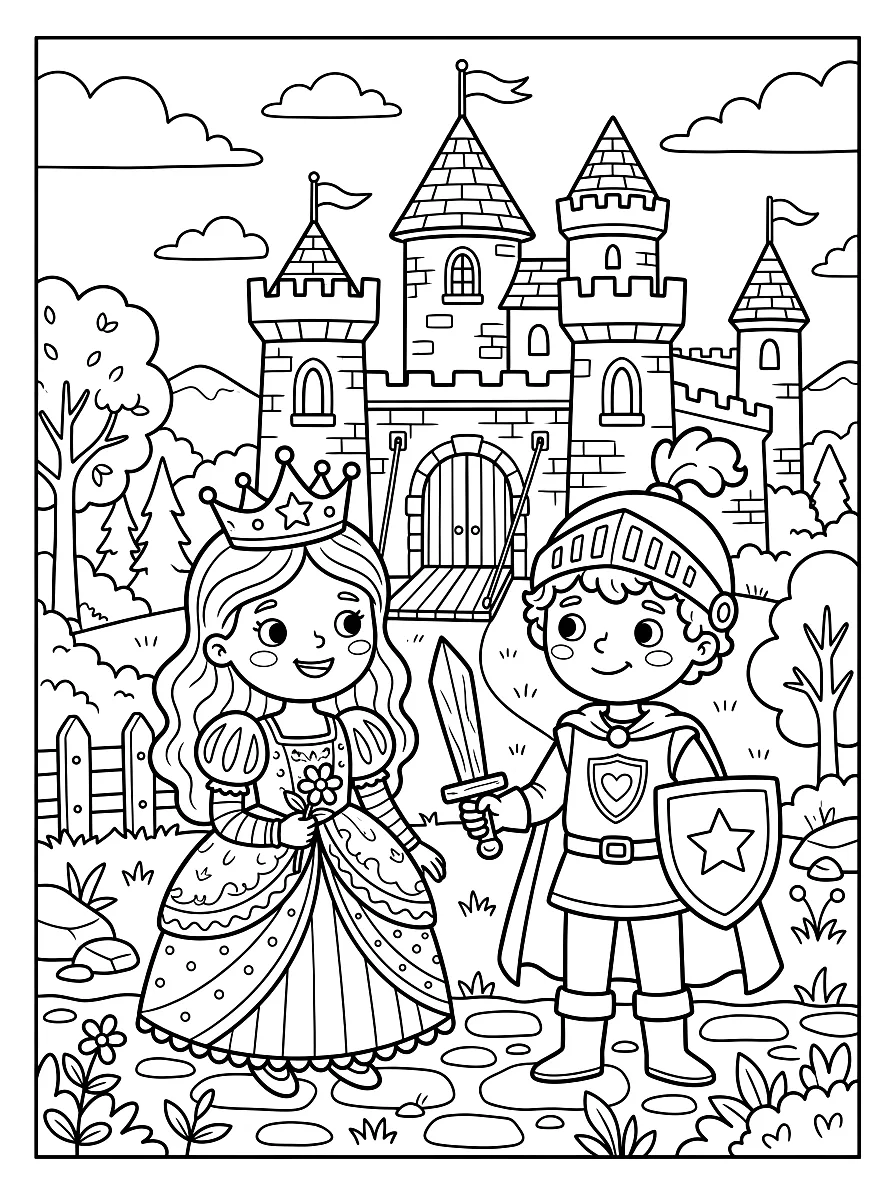 Colouring page: Princess and little knight with a wooden sword in front of a castle