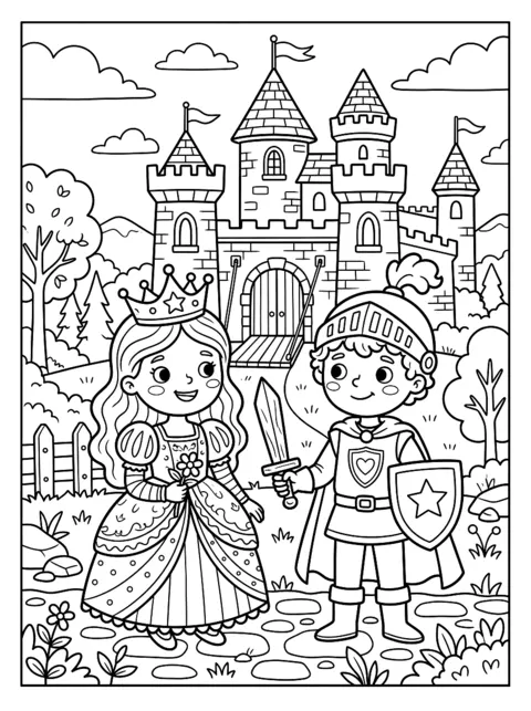 Ausmalbild: Prinzessin und kleiner Ritter mit Holzschwert vor einer Burg