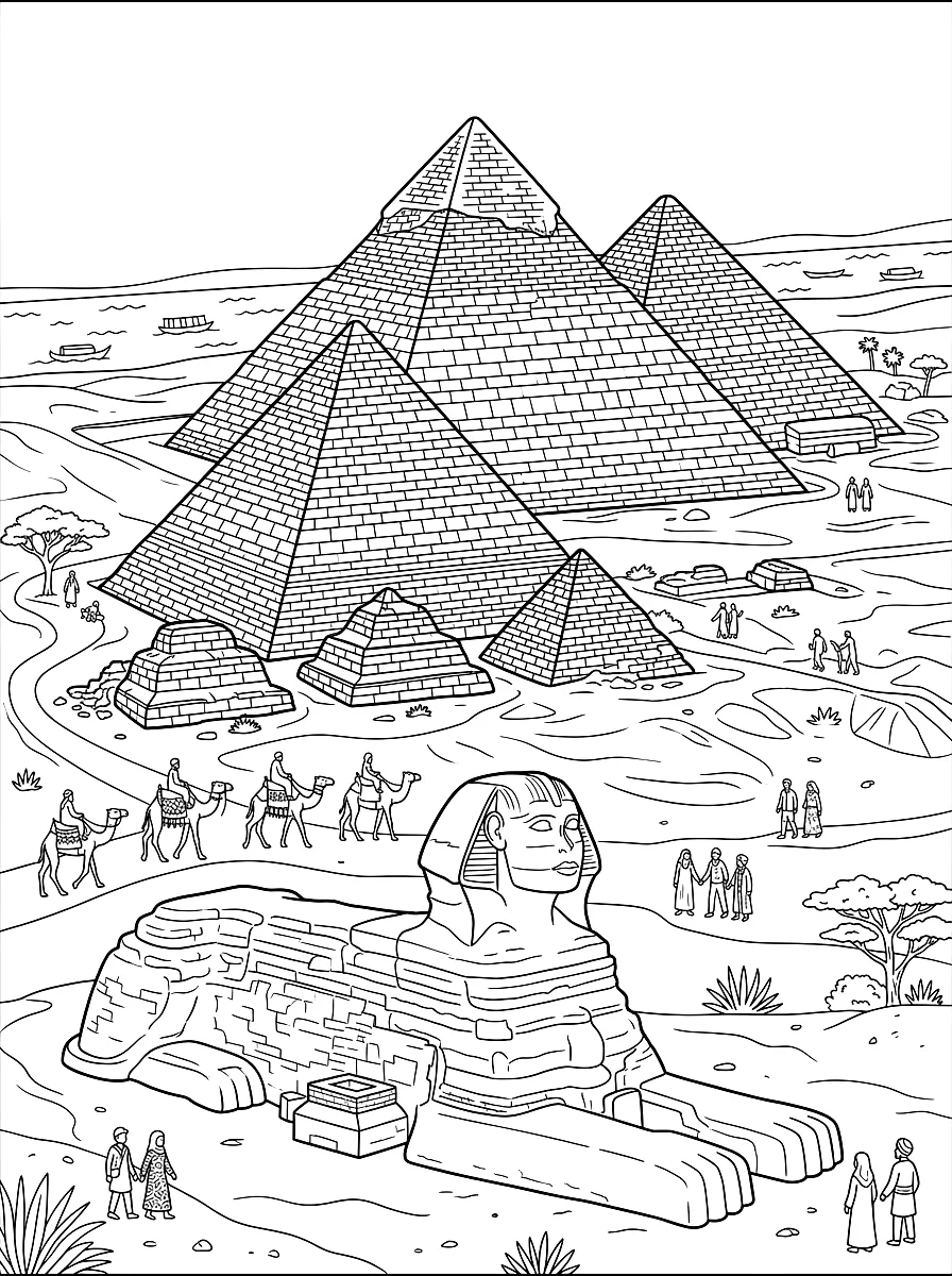 Ausmalbild: Die drei großen Pyramiden und die Sphinx in der Wüste, davor Kamele