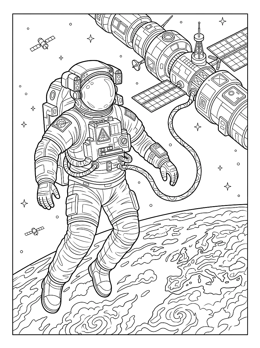Dibujo para colorear: Astronauta con traje espacial flotando junto a una estación espacial, con la Tierra debajo
