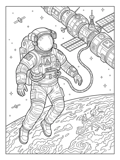 Ausmalbild: Astronautin schwebt im Raumanzug neben einer Raumstation, die Erde unter ihr