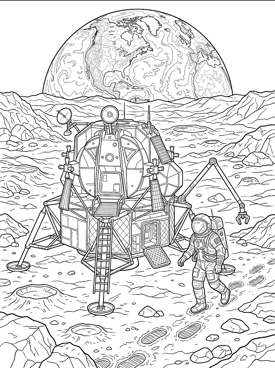 Ausmalbild: Mondlandefähre auf dem Mond, Astronaut und Fußspuren
