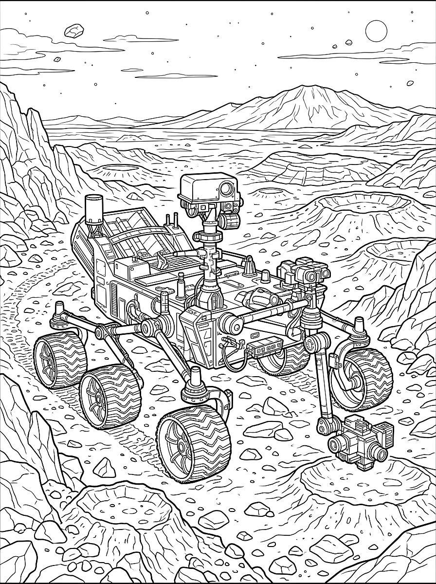 Ausmalbild: Rover mit sechs Rädern erkundet die Marslandschaft