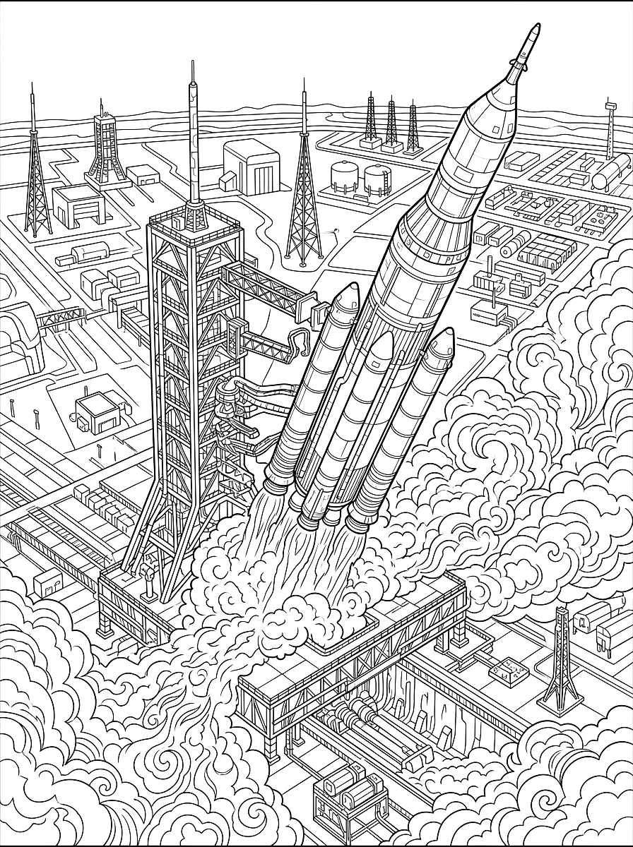 Desenho para colorir: Grande foguetão a descolar da plataforma de lançamento, com nuvens de fumo