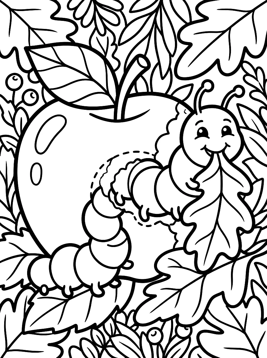 Colouring page: Caterpillar nibbling an apple