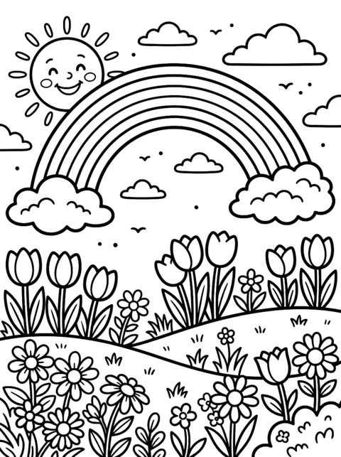 Ausmalbild: Blumenwiese mit Regenbogen und Sonne