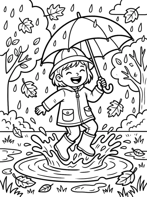 Ausmalbild: Kind in Gummistiefeln springt mit Regenschirm in eine Pfütze