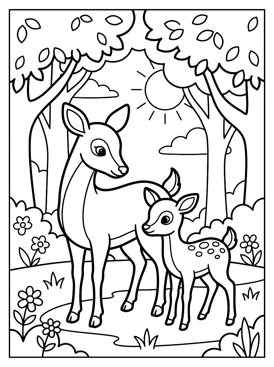 Dibujo para colorear: Corzo y cervatillo en un claro del bosque