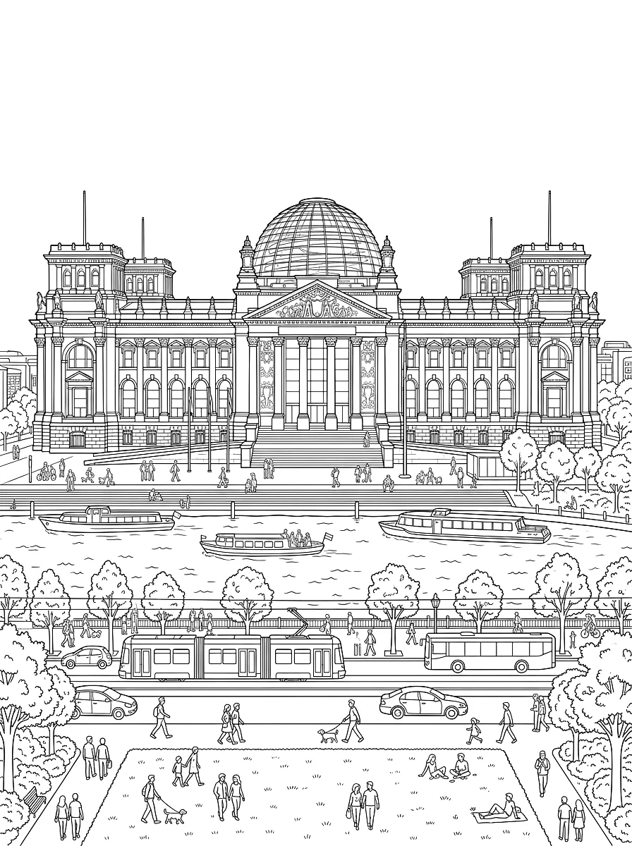 Ausmalbild: Das Reichstagsgebäude mit gläserner Kuppel, davor eine Wiese
