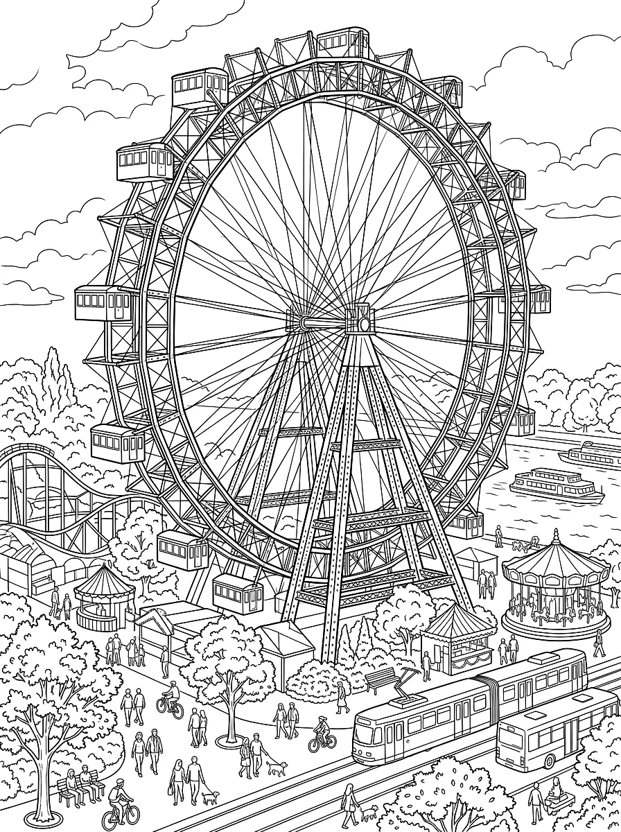 Ausmalbild: Das alte Riesenrad im Prater mit roten Gondeln