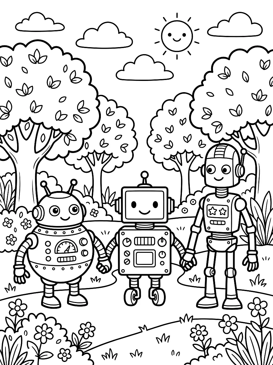 Coloriage : Trois robots différents se tiennent par la main