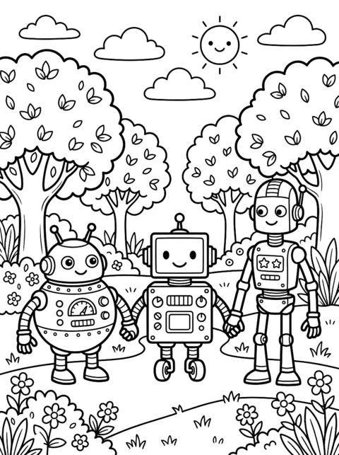 Dibujo para colorear: Tres robots distintos dándose la mano