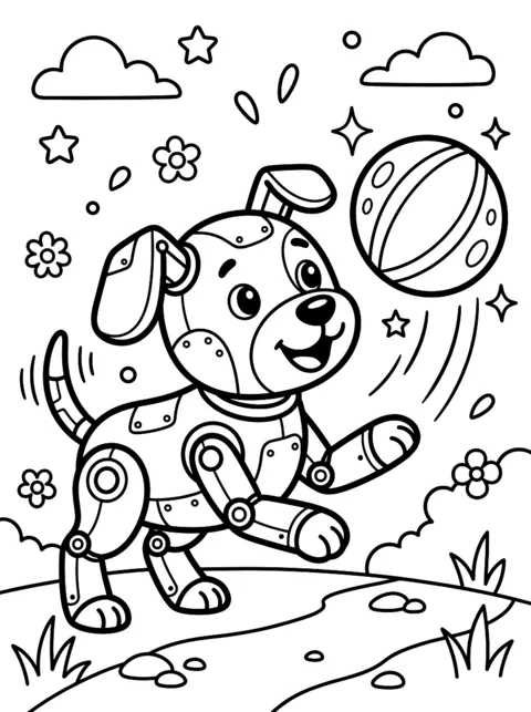 Dibujo para colorear: Perro robot jugando con una pelota