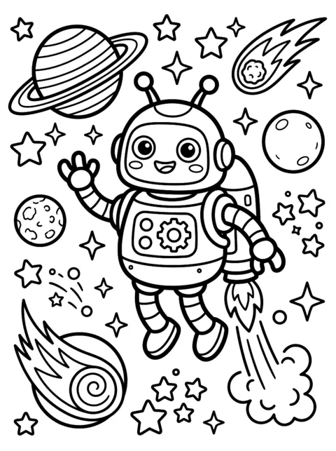 Dibujo para colorear: Robot flotando con una mochila cohete entre planetas