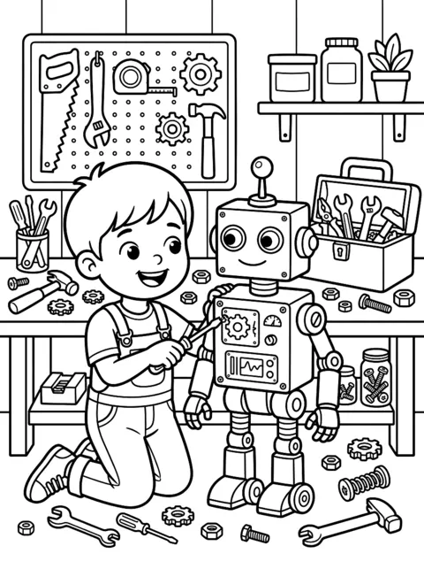 Dibujo para colorear: Niño construyendo un robot con herramientas
