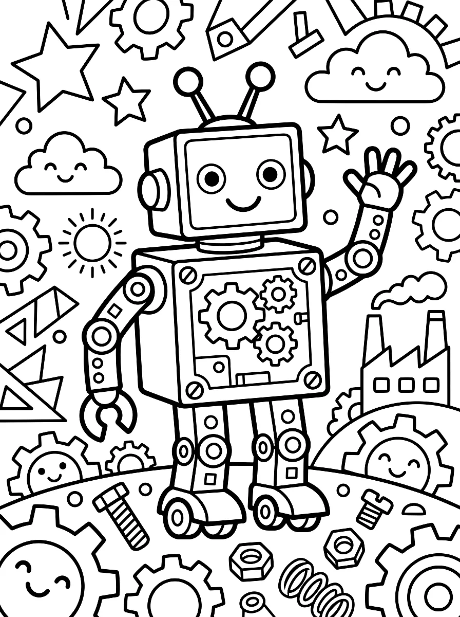 Colouring page: Friendly robot with antennae waving