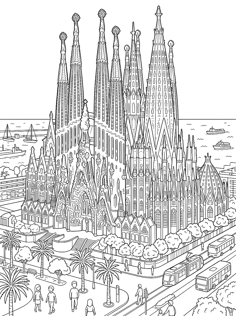 Ausmalbild: Die Kirche Sagrada Família mit vielen spitzen, verzierten Türmen