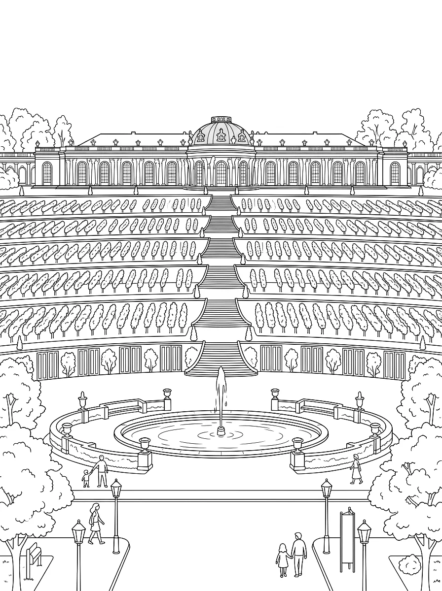 Disegno da colorare: Il castello giallo con la cupola sopra le terrazze dei vigneti, davanti una fontana