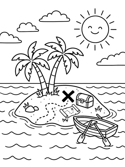 Ausmalbild: Insel mit Palmen und Schatzkarte