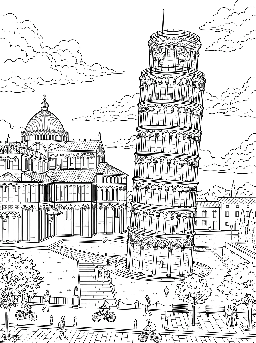 Desenho para colorir: A torre inclinada branca com galerias de colunas, ao lado a catedral