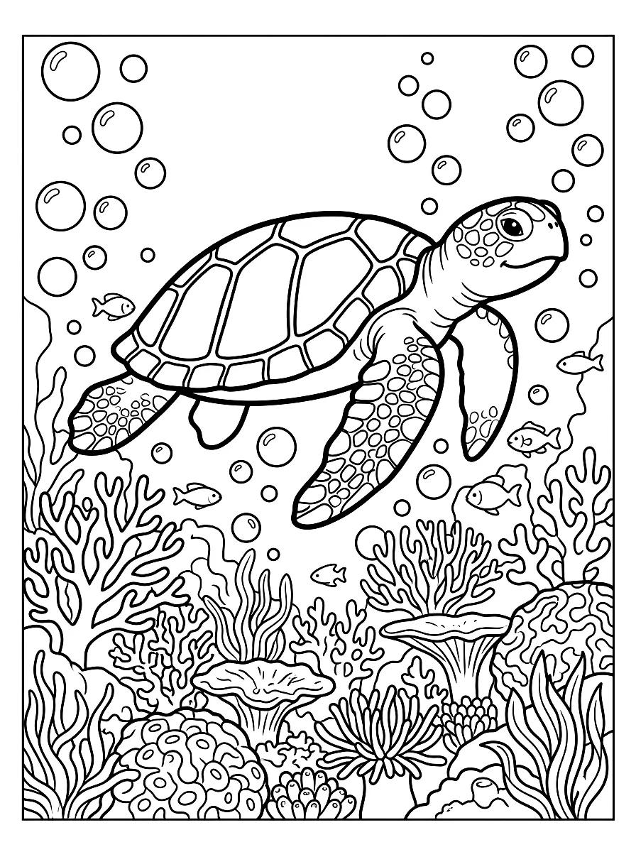 Colouring page: Sea turtle swimming over a coral reef