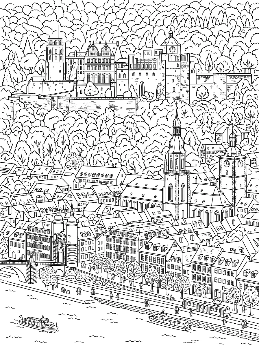 Ausmalbild: Die Schlossruine am Waldhang über den Dächern der Altstadt und dem Neckar