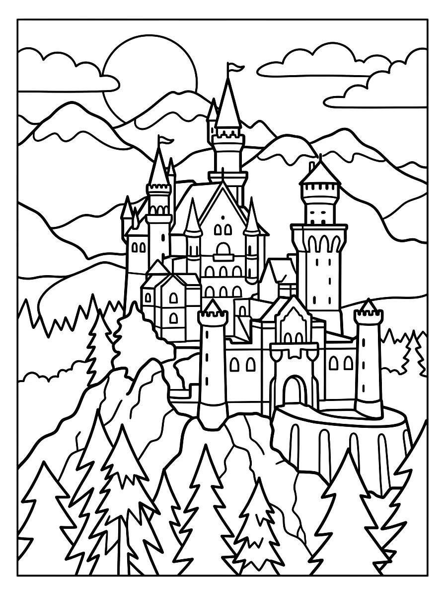 Colouring page: Neuschwanstein Castle with many towers on a rocky hill in front of the mountains, fir trees below